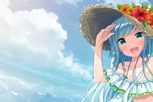 【3840x2160】女孩,帽子,鲜花,冰淇凌,沙滩,4K动漫壁纸