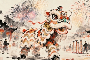 2026新年 舞狮 烟花 热闹 街景 喜庆 水墨风4k壁纸