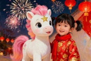2026元旦快乐 小女孩穿着红色衣服和小马 烟花 灯笼 喜庆 4K壁纸