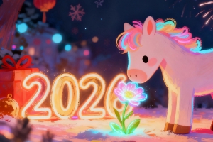 2026年新年 小马 花儿 夜晚 烟花 3440x1440带鱼屏壁纸