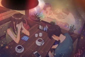 女孩 男孩 咖啡厅 约会 4k动漫壁纸