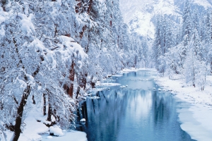 冬季 河流 森林 雪景 厚厚大雪风景4k壁纸