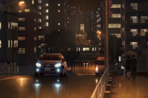 手绘小区夜景插画