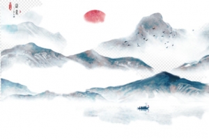 中国风手绘山水日出元素