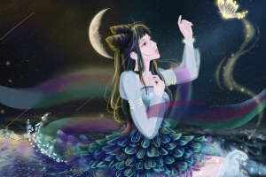 古风女孩 丝绸 夜晚海 月亮 蝴蝶平板电脑iPad壁纸