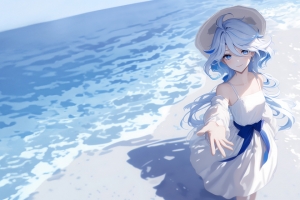 芙宁娜 海边 3440x1440带鱼屏壁纸