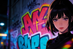 黑色衣服短发气质美女涂鸦墙4K高清3440x1440带鱼屏动漫壁纸免费下载