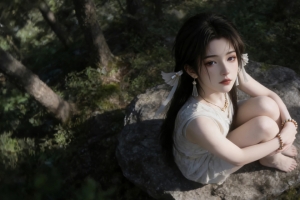 森林 坐在石头上的美女宋玉3440x1440带鱼屏壁纸
