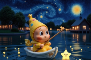 星星人乘小船遨游夜晚星空 5K平板高清壁纸免费下载 5464x4096