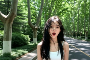 绿荫道路旁清纯美女惊讶表情 4K高清壁纸3840x2160免费下载