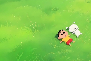 绿草地 蜡笔小新和小白狗 3440x1440带鱼屏壁纸