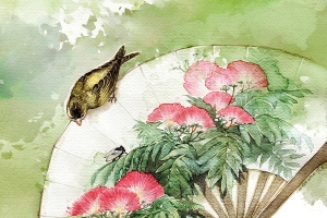 手绘晕染扇子花鸟元素