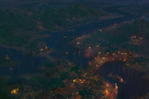 古代建筑城市夜景插画