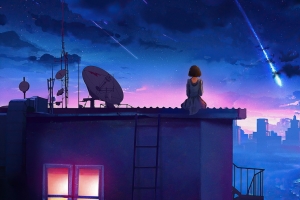 坐在屋顶许愿的女孩 流星 星空 唯美 3440x1440 带鱼屏壁纸