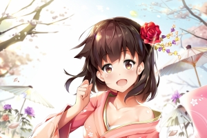 花和服女生插画手机壁纸