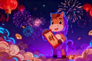 2026马年 夜晚 喜庆烟花 马儿 财 灯笼