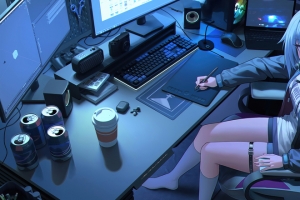 蓝头发动漫女孩 房间 电脑桌 板绘 3440x1440带鱼屏壁纸