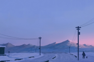冬季山脉雪景4K高清壁纸，道路、人、猫与电线杆的唯美风景3840x2160免费下载