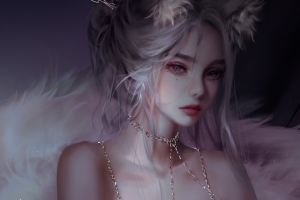 厚涂 美女 紫色眼睛 项链 白色 毛 唯美 好看 动漫 4k 高清 壁纸