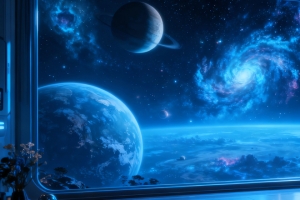 科幻 太空舱 客厅 星空 星球 赛博朋克3440x1440带鱼屏壁纸