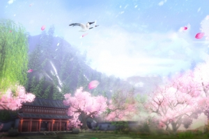 卡通中国风粉色花海庭院海报背景