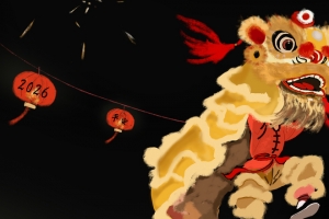 原创2026年马年平安 祈福 新年 舞狮 灯笼 烟花 忘忧草厚涂手绘3440x1440带鱼屏壁纸