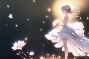小仙女 白色长裙 花 星光 3440x1440带鱼屏壁纸