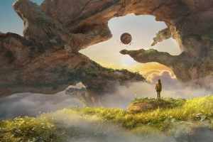 奇幻风景少女背影，草甸岩石奇观4K高清3440x1440壁纸免费下载