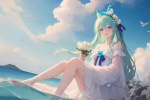 海边 海水 女孩 鲜花 小鸟 4k动漫壁纸3840x2160