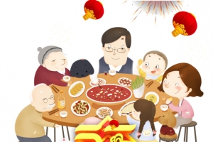 春节年夜饭手绘人物灯笼福字