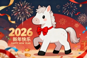 2026新年快乐 可爱小马 蝴蝶结 烟花 灯笼 元宝 4k壁纸