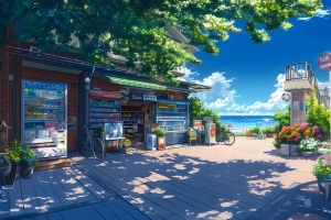 海边小店 树荫 鲜花 4k风景壁纸3840x2160