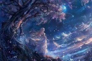 星空少女 树 天空 唯美 梦幻 4k动漫壁纸3840*2160