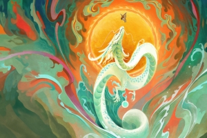 绘画插图 充满活力 龙 神话 鸟 太阳 河流 4K壁纸 3840x2160