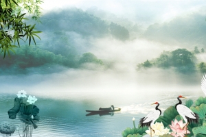 国画中国风和风荷花白鹤背景素材