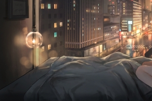 女生 起床 晚上 都市 夜景 动漫3440x1440带鱼屏壁纸