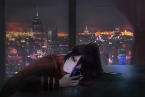 城市 夜晚 Aoi Ogata 动漫女孩 4k壁纸