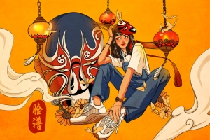 国潮女孩与京剧脸谱插画背景