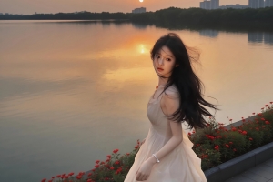 美女回眸 城市湖水倒影 4K桌面壁纸