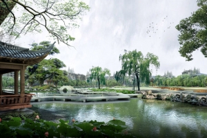 凉亭树木园林池塘