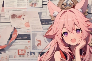 报纸墙八重神子3440*1440带鱼屏壁纸
