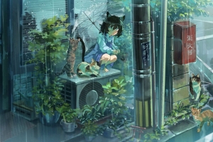 3840x2160 女孩 neko 雨伞 猫 雨 动漫壁纸 背景