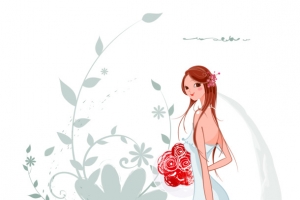 手拿玫瑰捧花淡蓝婚纱新娘