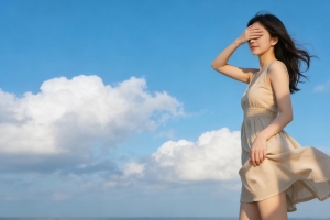 蓝天白云 清新美女 一手蒙着眼睛 4k壁纸