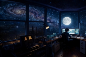 夜晚星空下工作室一个人与电脑台灯 3440x1440 4K动漫高清壁纸免费下载