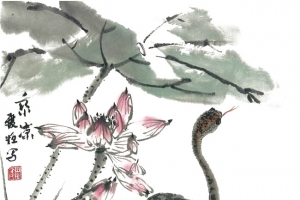 水墨古风莲花与蛇