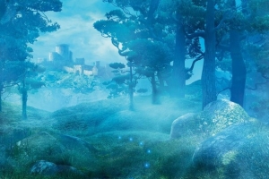 夜晚树林蓝色烟雾星光城堡