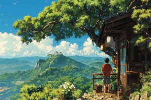 山居夏望 山 小房子 男孩看着远方风景 4K壁纸 3840x2400