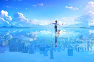 天空海水倒影风景 女孩和小狗背影 4K壁纸