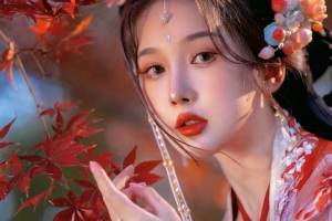 红色枫叶 红色古装古风美女4k壁纸